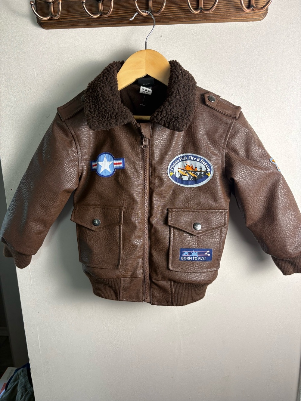 Disney Planes Brown Faux Leather Kids Aviator Jacket with Sherpa Collar 4T